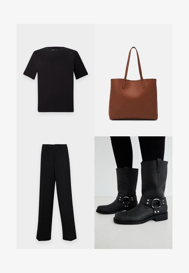 Black short-sleeve t-shirt with a round neckline, crafted from soft cotton fabric. Simple design, no visible logos or patterns.; Black wide-leg trousers made of smooth fabric, featuring a classic waistband with a button closure and front pleats.; ONLY SHOES ONLBAX - Cowboy/Biker boots - black; Brown leather tote bag with a smooth texture, open top design, and two shoulder straps. Features minimal stitching and no visible hardware.