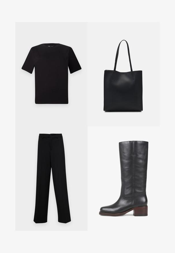 Must olema lühikeste varrukatega must t-särk ümmarguse kaelusega, valmistatud pehmest puuvillast kangast. Lihtne disain, ilma nähtavate logode või mustriteta.; Musta laiad püksid siledast kangast, millel on klassikaline vöökoht, nööbiga sulgemine ja ees voldid.; Mustmust muste, mille must nahkne, pehme tekstuuriga, ruudukujuline varvas ja laotud puidust konts. Omab peenet kinnitust ja külgõmbluse disaini.; Mustast nahast kott sujuva tekstuuriga, ristkülikukujuline ja kahe pika sangaga. Pole nähtavat riistvara ega kaunistusi.