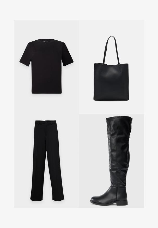 Camiseta negra de manga corta con cuello redondo, fabricada en suave algodón. Diseño simple, sin logos ni patrones visibles.; Pantalones de pierna ancha negros, hechos de un tejido suave, con una cintura clásica que incluye un cierre de botón y pliegues frontales.; Botas negras hasta la rodilla de cuero suave, con punta redonda, tacón bajo y un caña ligeramente holgada con detalles de costura.; Bolso tote de cuero negro con textura lisa, forma rectangular y dos asas largas. Sin herrajes ni adornos visibles.