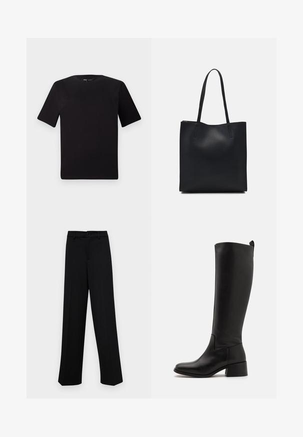 Black short-sleeve t-shirt with a round neckline, crafted from soft cotton fabric. Simple design, no visible logos or patterns.; Black wide-leg trousers made of smooth fabric, featuring a classic waistband with a button closure and front pleats.; Black knee-high boot made of smooth leather with a block heel, rounded toe, and a sleek, unembellished design.; Black leather tote bag with smooth texture, rectangular shape, and two long handles. No visible hardware or embellishments.