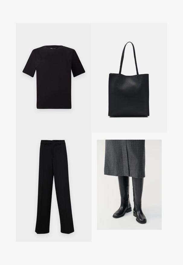 Tricou scurt negru cu mânecă scurtă și guler rotund, realizat dintr-un material de bumbac moale. Design simplu, fără logo-uri sau modele vizibile.; Pantaloni negri cu croi larg, dintr-un material neted, având un talie clasică cu închidere prin buton și plisuri frontale.; Cizme negre din piele până la genunchi, cu o textură netedă, fermoare laterale și o talpă plată. Cizmele au un brad structurat și un hardware minim.; Geantă tote neagră din piele, cu textură netedă, formă rectangulară și două mânere lungi. Fără hardware vizibil sau ornamente.