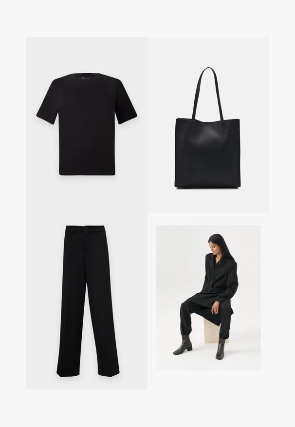 Fekete, rövid ujjú póló, kerek nyakkal, puha pamutból készült. Egyszerű dizájn, nincs látható logó vagy minta.; Fekete, széles szárú nadrág sima anyagból, klasszikus derékrésszel, gombzárral és elülső redőkkel.; Fekete szabott öltöny blézerrel és szűkített nadrággal, barnás bokacsizmával párosítva. Sima textúra, minimalista dizájn, látható minták nélkül.; Fekete bőrtáska sima felszínnel, téglalap alakú, két hosszú füllel. Nincs látható fémkiegészítő vagy díszítés.