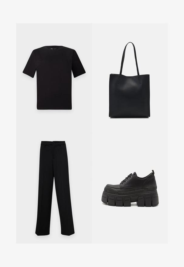 Melnas īsām piedurknēm T-krekls ar apaļu kakla izgriezumu, izgatavots no mīksta kokvilnas auduma. Vienkāršs dizains, bez redzamām logo vai rakstiem.; Melnas platajās bikses, kas izgatavotas no gludas auduma, ar klasisku jostu un pogu aizdari, kā arī priekšējām kroku detalizācijām.; Melnas platformas sporta apavus ar gludu ādas virsu, šņorēšanas aizdari, biezu gumijas zoli un zīmola detaļu sānos.; Melnas ādas somiņa ar gludu tekstūru, taisnstūra formu un divām garām rokturiem. Nav redzamu aparatūras vai rotājumu.