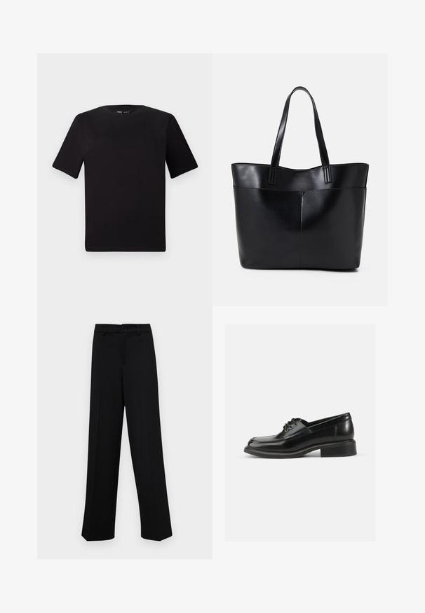 Must olema lühikeste varrukatega must t-särk ümmarguse kaelusega, valmistatud pehmest puuvillast kangast. Lihtne disain, ilma nähtavate logode või mustriteta.; Musta laiad püksid siledast kangast, millel on klassikaline vöökoht, nööbiga sulgemine ja ees voldid.; Must musta kingad, millel on sujuv tekstuur, ümmargune nina, kahe silma rihma ja tugeva plokknina. Lihtne disain, ilma mustriteta.; Must mustaga musta nahast, millel on kaks pikka kanda, sile tekstuur ja struktureeritud kuju. Esipoolsel on lisakoti jaoks tasku.