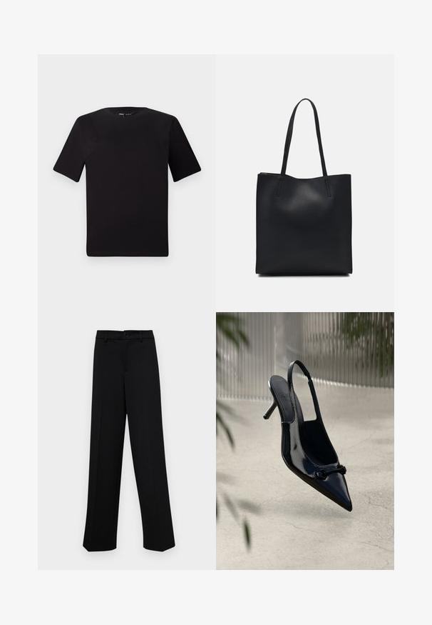 Black short-sleeve t-shirt with a round neckline, crafted from soft cotton fabric. Simple design, no visible logos or patterns.; Black wide-leg trousers made of smooth fabric, featuring a classic waistband with a button closure and front pleats.; Black patent leather slingback high heel with pointed toe and decorative buckle, suspended above a light cracked floor.; Black leather tote bag with smooth texture, rectangular shape, and two long handles. No visible hardware or embellishments.