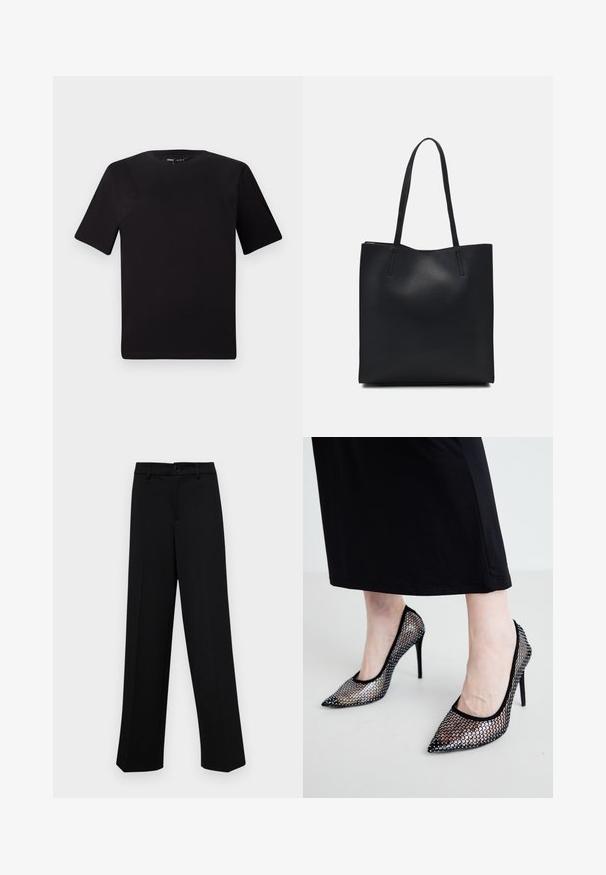 Black short-sleeve t-shirt with a round neckline, crafted from soft cotton fabric. Simple design, no visible logos or patterns.; Black wide-leg trousers made of smooth fabric, featuring a classic waistband with a button closure and front pleats.; Black mesh high heels with a pointed toe and thin stiletto heel. Patterned design features circular cutouts, offering a semi-transparent look.; Black leather tote bag with smooth texture, rectangular shape, and two long handles. No visible hardware or embellishments.