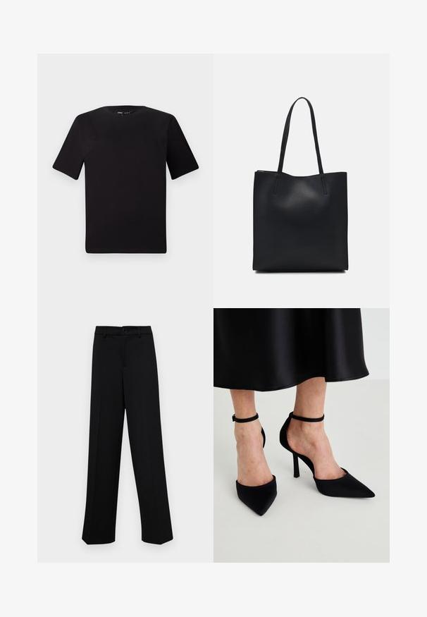 Tricou scurt negru cu mânecă scurtă și guler rotund, realizat dintr-un material de bumbac moale. Design simplu, fără logo-uri sau modele vizibile.; Pantaloni negri cu croi larg, dintr-un material neted, având un talie clasică cu închidere prin buton și plisuri frontale.; Cizme negre cu vârf ascuțit, dintr-un material neted, cu toc stiletto și o bandă îngustă în jurul gleznei, având un design cu laturi deschise.; Geantă tote neagră din piele, cu textură netedă, formă rectangulară și două mânere lungi. Fără hardware vizibil sau ornamente.