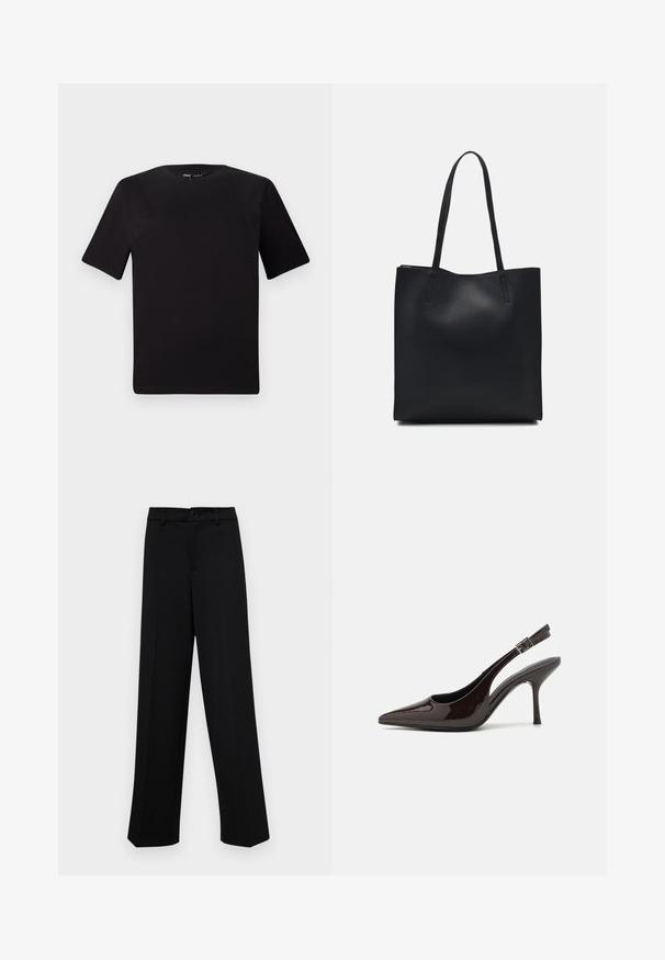 Black short-sleeve t-shirt with a round neckline, crafted from soft cotton fabric. Simple design, no visible logos or patterns.; Black wide-leg trousers made of smooth fabric, featuring a classic waistband with a button closure and front pleats.; Slingback high-heeled shoe in glossy dark brown patent leather, pointed toe, open sides, and adjustable ankle strap.; Black leather tote bag with smooth texture, rectangular shape, and two long handles. No visible hardware or embellishments.