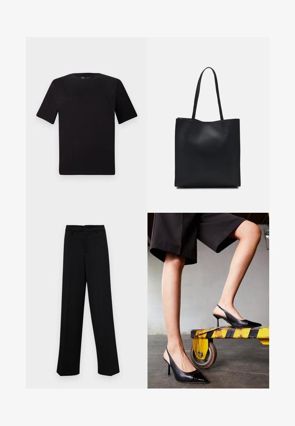 Tricou scurt negru cu mânecă scurtă și guler rotund, realizat dintr-un material de bumbac moale. Design simplu, fără logo-uri sau modele vizibile.; Pantaloni negri cu croi larg, dintr-un material neted, având un talie clasică cu închidere prin buton și plisuri frontale.; Sandale negre cu toc slingback, cu vârful ascuțit, având un capac din patent lucios. Toc stiletto, design din piele netedă și o siluetă minimalistică.; Geantă tote neagră din piele, cu textură netedă, formă rectangulară și două mânere lungi. Fără hardware vizibil sau ornamente.