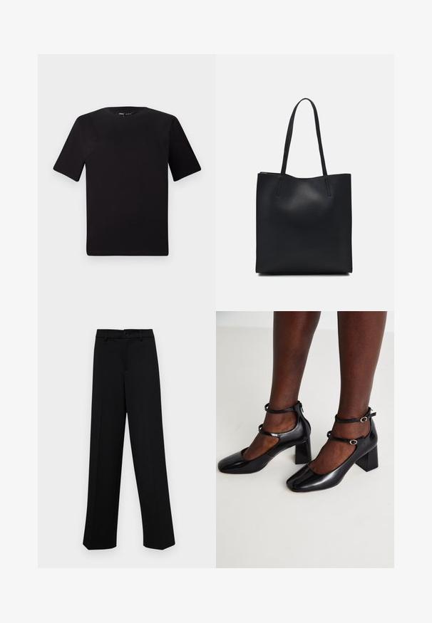 T-shirt noir à manches courtes avec un col rond, fabriqué en coton doux. Design simple, sans logos ni motifs visibles.; Pantalons larges noirs en tissu lisse, avec une taille classique à fermeture à bouton et des plis sur le devant.; ALDO KAERI - Escarpins - black; Sac fourre-tout en cuir noir avec une texture lisse, de forme rectangulaire et deux longues poignées. Pas de matériel ou d'ornementations visibles.