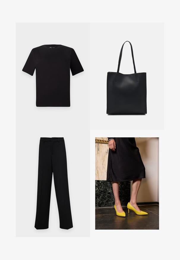 Crna majica kratkih rukava s okruglim izrezom, izrađena od mekane pamučne tkanine. Jednostavan dizajn, bez vidljivih logotipa ili uzoraka.; Crne široke hlače od glatkog materijala, s klasičnim pojasom koji se zatvara dugmetom i prednjim naborima.; Žute lakirane visoke potpetice s oštrim nosovima i tankim stiletto potpeticama, postavljene na tamnom kamenitom podu, nasuprot svijetloj pozadini zida.; Crna kožna torba za nošenje s glatkom teksturom, pravokutnim oblikom i dvije duge ručke. Nema vidljivih metalnih dijelova ili ukrasa.