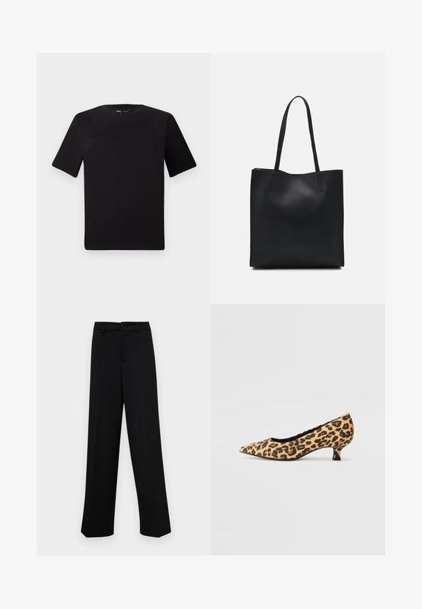 Black short-sleeve t-shirt with a round neckline, crafted from soft cotton fabric. Simple design, no visible logos or patterns.; Black wide-leg trousers made of smooth fabric, featuring a classic waistband with a button closure and front pleats.; Marco Tozzi Classic heels - beige; Black leather tote bag with smooth texture, rectangular shape, and two long handles. No visible hardware or embellishments.