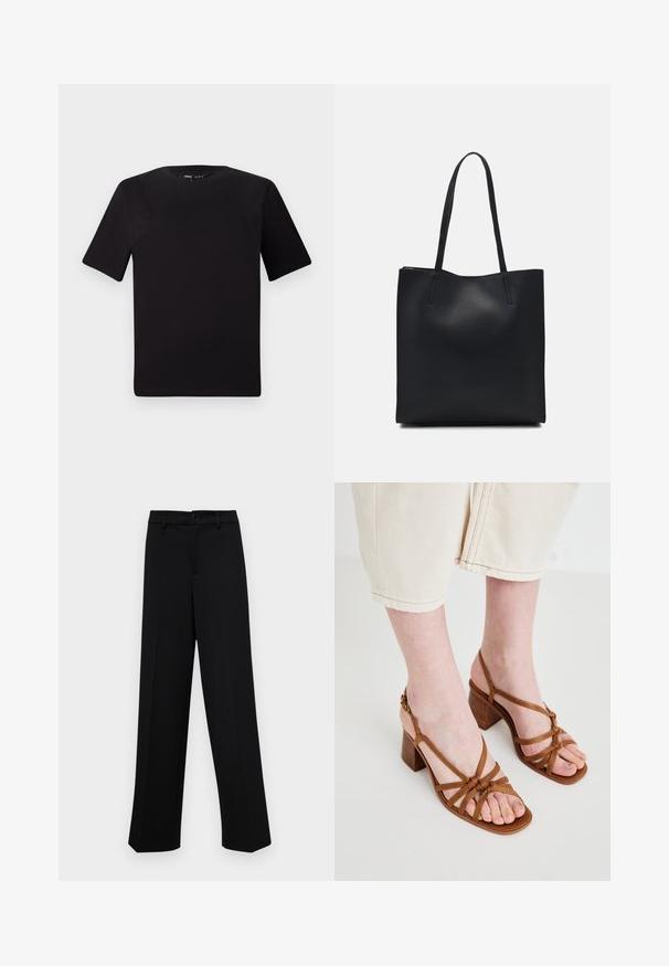 Fekete, rövid ujjú póló, kerek nyakkal, puha pamutból készült. Egyszerű dizájn, nincs látható logó vagy minta.; Fekete, széles szárú nadrág sima anyagból, klasszikus derékrésszel, gombzárral és elülső redőkkel.; Barna pántos, magas sarkú szandálok, vastag sarokkal, csomózott pántokkal és nyitott orrész kialakítással. Texturált talp és állítható bokapánt.; Fekete bőrtáska sima felszínnel, téglalap alakú, két hosszú füllel. Nincs látható fémkiegészítő vagy díszítés.