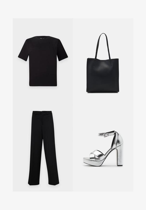Black short-sleeve t-shirt with a round neckline, crafted from soft cotton fabric. Simple design, no visible logos or patterns.; Black wide-leg trousers made of smooth fabric, featuring a classic waistband with a button closure and front pleats.; Silver metallic platform sandals with a high block heel, featuring a crossed strap design and an adjustable ankle strap.; Black leather tote bag with smooth texture, rectangular shape, and two long handles. No visible hardware or embellishments.