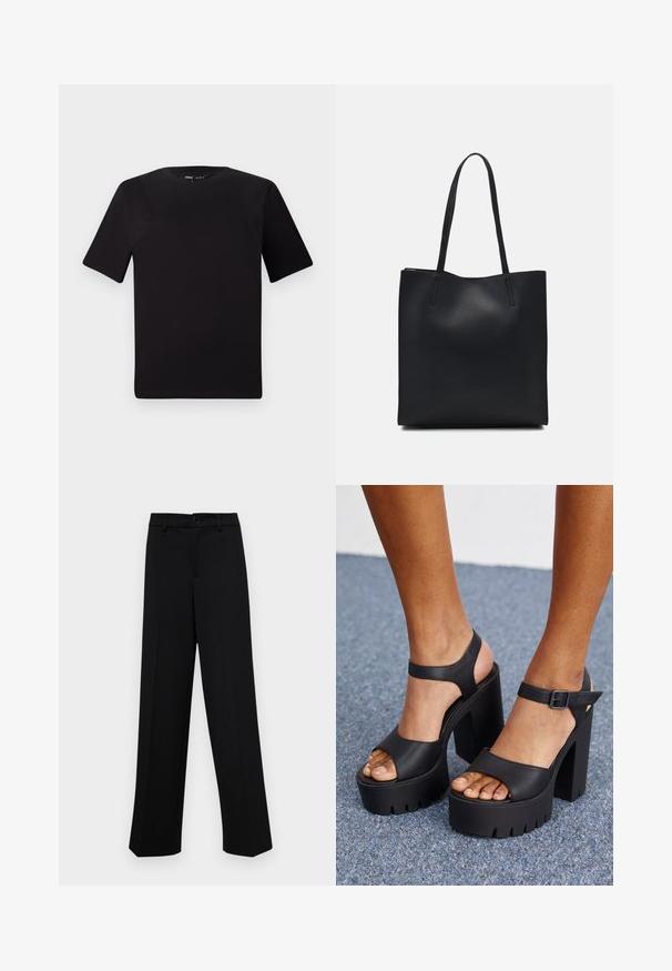 Tricou scurt negru cu mânecă scurtă și guler rotund, realizat dintr-un material de bumbac moale. Design simplu, fără logo-uri sau modele vizibile.; Pantaloni negri cu croi larg, dintr-un material neted, având un talie clasică cu închidere prin buton și plisuri frontale.; Sandale platform cu talpă neagră, cu un material texturat, vârful deschis și bretele pentru glezne. Toc masiv cu o talpă zimțată pentru aderență.; Geantă tote neagră din piele, cu textură netedă, formă rectangulară și două mânere lungi. Fără hardware vizibil sau ornamente.