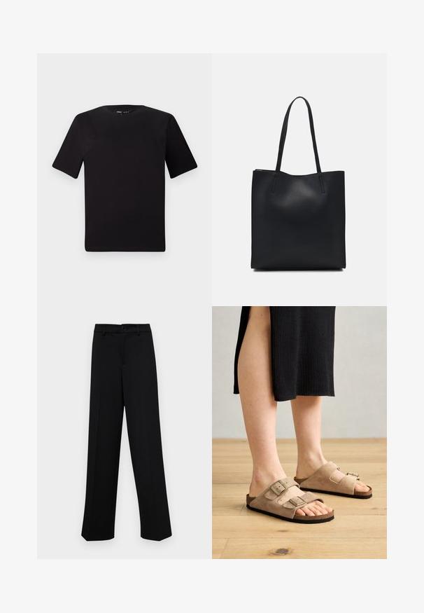 Melnas īsām piedurknēm T-krekls ar apaļu kakla izgriezumu, izgatavots no mīksta kokvilnas auduma. Vienkāršs dizains, bez redzamām logo vai rakstiem.; Melnas platajās bikses, kas izgatavotas no gludas auduma, ar klasisku jostu un pogu aizdari, kā arī priekšējām kroku detalizācijām.; Beidzas zamšs sandales ar divām regulējamām siksnām, korķa zolēm un gumijas ārējiem slāņiem, parādītas uz kājām pret koka grīdas fona.; Melnas ādas somiņa ar gludu tekstūru, taisnstūra formu un divām garām rokturiem. Nav redzamu aparatūras vai rotājumu.