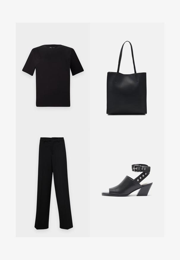 Black short-sleeve t-shirt with a round neckline, crafted from soft cotton fabric. Simple design, no visible logos or patterns.; Black wide-leg trousers made of smooth fabric, featuring a classic waistband with a button closure and front pleats.; Open-toe black leather heeled sandal with ankle strap, featuring a buckle closure and silver stud accents on the strap, with a block heel.; Black leather tote bag with smooth texture, rectangular shape, and two long handles. No visible hardware or embellishments.
