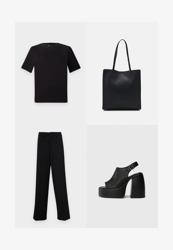 Melnas īsām piedurknēm T-krekls ar apaļu kakla izgriezumu, izgatavots no mīksta kokvilnas auduma. Vienkāršs dizains, bez redzamām logo vai rakstiem.; Melnas platajās bikses, kas izgatavotas no gludas auduma, ar klasisku jostu un pogu aizdari, kā arī priekšējām kroku detalizācijām.; Melni atvērti pirkstu platformas sandali ar izliekta dizaina, ar siksniņu ap potīti un masīvu blokveida papēdi. Gluda ādas tekstūra, minimālistisks stils.; Melnas ādas somiņa ar gludu tekstūru, taisnstūra formu un divām garām rokturiem. Nav redzamu aparatūras vai rotājumu.
