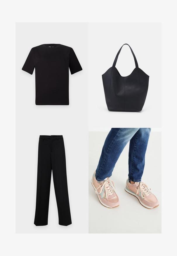 Melnas īsām piedurknēm T-krekls ar apaļu kakla izgriezumu, izgatavots no mīksta kokvilnas auduma. Vienkāršs dizains, bez redzamām logo vai rakstiem.; Melnas platajās bikses, kas izgatavotas no gludas auduma, ar klasisku jostu un pogu aizdari, kā arī priekšējām kroku detalizācijām.; Rozā sporta apavi izgatavoti no zamša un ādas materiāliem, ar gaiši ziliem akcentiem, apaļu purngaliem un baltiem gumijas zolēm. Šņores ir bēšas.; Melnas rokassomas, kas izgatavota no gludas ādas, ar izliekto atvērto augšu, divām plecu jostām un minimālistisku dizainu.