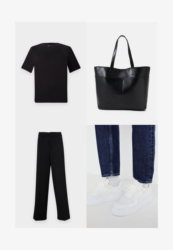 Schwarzes T-Shirt mit kurzen Ärmeln und Rundhalsausschnitt, aus weichem Baumwollmaterial gefertigt. Schlichtes Design, keine sichtbaren Logos oder Muster.; Schwarze, weit geschnittene Hosen aus glattem Stoff, mit einem klassischen Taillenbund und einem Knopfverschluss sowie vorderen Falten.; Weiße Sneaker mit texturiertem Design und dicken Sohlen, kombiniert mit hellgrauen, gerippten Socken und dunkelblauen Jeans.; Schwarze Leder-Shopper-Tasche mit zwei langen Griffen, einer glatten Textur und einer strukturierten Form. Verfügt über eine Vordertasche für zusätzlichen Stauraum.
