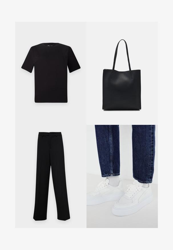 T-shirt noir à manches courtes avec un col rond, fabriqué en coton doux. Design simple, sans logos ni motifs visibles.; Pantalons larges noirs en tissu lisse, avec une taille classique à fermeture à bouton et des plis sur le devant.; Baskets blanches avec un design texturé et des semelles épaisses, associées à des chaussettes côtelées gris clair et un jean en denim bleu foncé.; Sac fourre-tout en cuir noir avec une texture lisse, de forme rectangulaire et deux longues poignées. Pas de matériel ou d'ornementations visibles.