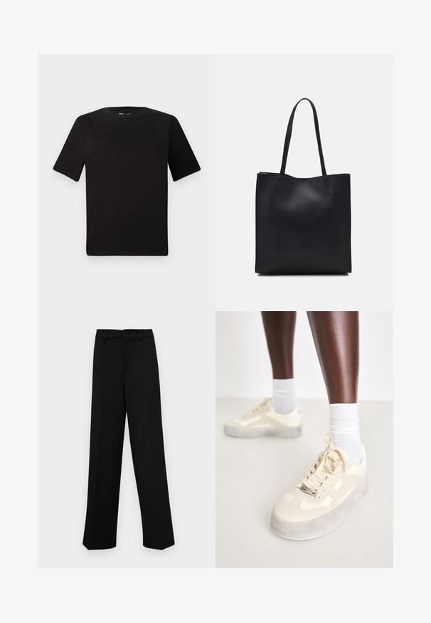 Must olema lühikeste varrukatega must t-särk ümmarguse kaelusega, valmistatud pehmest puuvillast kangast. Lihtne disain, ilma nähtavate logode või mustriteta.; Musta laiad püksid siledast kangast, millel on klassikaline vöökoht, nööbiga sulgemine ja ees voldid.; Beežid tossud, millel on siledast nahast ja suedearmastikust aktsentide kombinatsioon, hall kummist tald, tekstuurilised mustrid ja metalliline brändilogo külgedel.; Mustast nahast kott sujuva tekstuuriga, ristkülikukujuline ja kahe pika sangaga. Pole nähtavat riistvara ega kaunistusi.