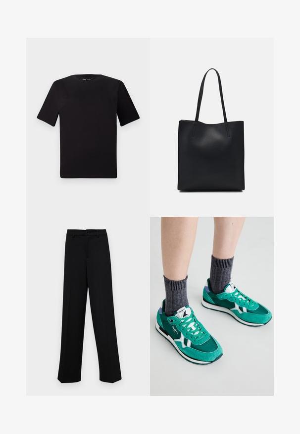 Black short-sleeve t-shirt with a round neckline, crafted from soft cotton fabric. Simple design, no visible logos or patterns.; Black wide-leg trousers made of smooth fabric, featuring a classic waistband with a button closure and front pleats.; Green suede and fabric sneakers with white accents, contrasting laces, and a purple heel detail, paired with dark gray ribbed socks.; Black leather tote bag with smooth texture, rectangular shape, and two long handles. No visible hardware or embellishments.