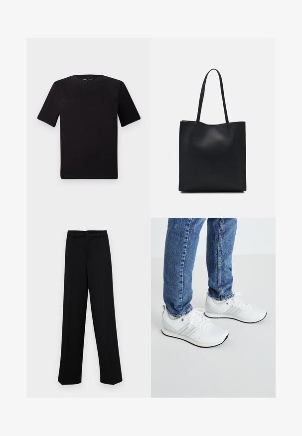 Black short-sleeve t-shirt with a round neckline, crafted from soft cotton fabric. Simple design, no visible logos or patterns.; Black wide-leg trousers made of smooth fabric, featuring a classic waistband with a button closure and front pleats.; White athletic sneakers with a smooth texture, featuring three parallel stripes, laces, and a black rubber outsole. Worn with blue jeans.; Black leather tote bag with smooth texture, rectangular shape, and two long handles. No visible hardware or embellishments.