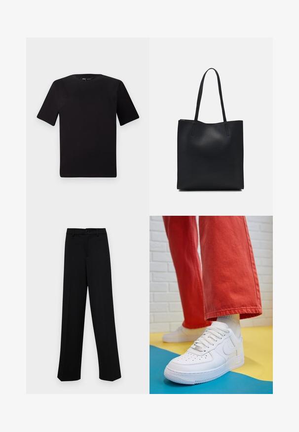 Crna majica kratkih rukava s okruglim izrezom, izrađena od mekane pamučne tkanine. Jednostavan dizajn, bez vidljivih logotipa ili uzoraka.; Crne široke hlače od glatkog materijala, s klasičnim pojasom koji se zatvara dugmetom i prednjim naborima.; Bijele kožne tenisice s perforiranim prednjim dijelom, teksturiranim đonom i bijelim vezicama, u kombinaciji s širokim crvenim hlačama i plavo-žutom pozadinom.; Crna kožna torba za nošenje s glatkom teksturom, pravokutnim oblikom i dvije duge ručke. Nema vidljivih metalnih dijelova ili ukrasa.