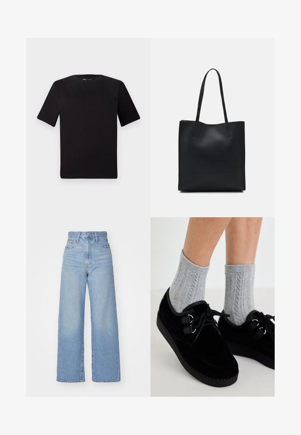 Svart t-skjorte med korte ermer og rund hals, laget av mykt bomullsstoff. Enkelt design, ingen synlige logoer eller mønstre.; Lys blå høytlivs vide jeans med knapp- og glidelås lukking foran, foran og bak lommer, på en hvit bakgrunn.; Sorte fløyelsko med flate såler, rund tå og doble snøringer. Brukt med grå kabelstrikkede sokker. Glatt tekstur og enkelt design.; Svart lær tote bag med glatt tekstur, rektangulær form og to lange håndtak. Ingen synlige deler eller dekorasjoner.