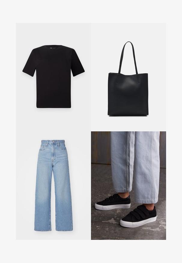 T-shirt nera a maniche corte con scollatura rotonda, realizzata in morbido cotone. Design semplice, senza loghi o motivi visibili.; Jeans a vita alta blu chiaro con gamba larga, chiusura frontale con bottone e zip, tasche anteriori e posteriori, su uno sfondo bianco.; Sneakers in corduroy neri con tre cinturini in velcro e una parte superiore testurizzata. Suola in gomma bianca a profilo basso. Indossati con pantaloni a tre quarti azzurri chiari.; Borsa tote in pelle nera con texture liscia, forma rettangolare e due manici lunghi. Nessun hardware o decorazione visibile.