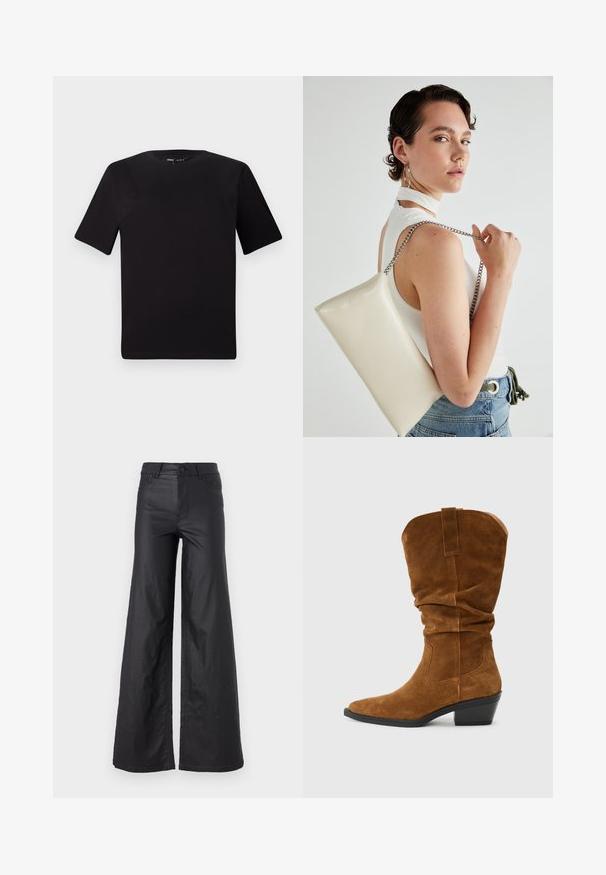 Tricou scurt negru cu mânecă scurtă și guler rotund, realizat dintr-un material de bumbac moale. Design simplu, fără logo-uri sau modele vizibile.; Pantaloni negri, cu picioare largi, dintr-un material de piele ecologică. Prezentază talie înaltă, bucle pentru curea, două buzunare frontale și detalii cusute.; Botină cowboy din suede maro, cu un design lejer, vârf ascuțit și toc stratificat. Prezintă detalii cusute și un manșon în spate.; Geantă de clutch rectangulară albă, realizată dintr-un material lucios, având o curea de lanț argintie. Modelul pozează, evidențiind geanta pe un fundal simplu.