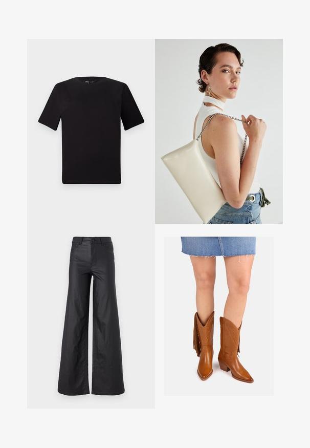Black short-sleeve t-shirt with a round neckline, crafted from soft cotton fabric. Simple design, no visible logos or patterns.; Black, wide-leg pants in a faux leather material. Features a high waist, belt loops, two front pockets, and stitched detailing.; Brown leather cowboy boots with pointed toes, decorative stitching, and side fringe detail, featuring a stacked heel for added height.; White rectangular clutch bag made of glossy material, featuring a silver chain strap. Model poses, showcasing the bag against a plain background.