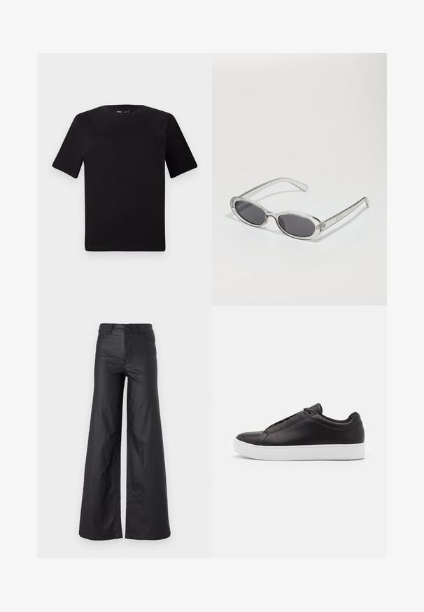 Black short-sleeve t-shirt with a round neckline, crafted from soft cotton fabric. Simple design, no visible logos or patterns.; Black, wide-leg pants in a faux leather material. Features a high waist, belt loops, two front pockets, and stitched detailing.; Black leather sneakers with a smooth finish, featuring a low-top design and a thick white rubber sole. Subtle stitching details on the side.; Sunglasses with an oval shape, clear plastic frame, dark gray lenses, and thin transparent arms featuring logo accents and minimal detailing.