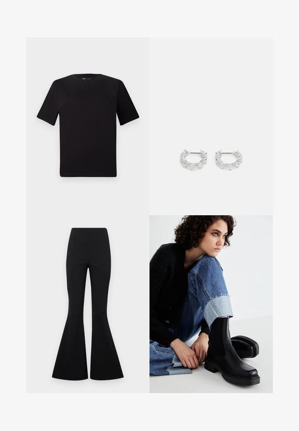 Sort kortærmet t-shirt med rund halsudskæring, lavet af blødt bomuldsstof. Enkel design, ingen synlige logoer eller mønstre.; Sorte flarebukser lavet af strækbart stof med en glat tekstur, med høj talje og brede ben i klokkeform.; Sorte ankelstøvler med elastiske sidepaneler, tyk sål og firkantet tå. Båret med slidte blå jeans med en frynset kant.; Sølv hoop øreringe med klare, rektangulære og triangulære krystaller arrangeret i et mønstret design. Stik til sikker fastgørelse.