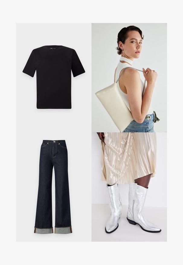 Černé tričko s krátkým rukávem a kulatým výstřihem, vyrobené z měkké bavlněné látky. Jednoduchý design, žádné viditelné logo nebo vzory.; Vero Moda VMTESSA WIDE FOLD UP - Wide leg - dark blue denim; Stříbrné kovbojské boty s špičatými špičkami, propracovaným prošíváním, bočními zipy a nízkým černým podpatkem, kombinované s plisovanou saténovou sukní.; Bílá obdélníková psaníčko vyrobené z lesklého materiálu, se stříbrným řetízkovým popruhem. Modelka pózuje a předvádí tašku na jednobarevném pozadí.