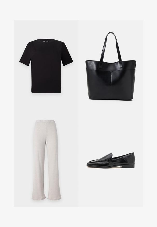 Black short-sleeve t-shirt with a round neckline, crafted from soft cotton fabric. Simple design, no visible logos or patterns.; Light beige flared pants made from textured fabric, featuring an elastic waistband and wide leg design, suitable for casual wear.; Black leather loafers with a smooth finish, featuring a stitched design along the front edge and a low, square heel.; Black leather tote bag with two long handles, a smooth texture, and a structured shape. Features a front pocket for additional storage.