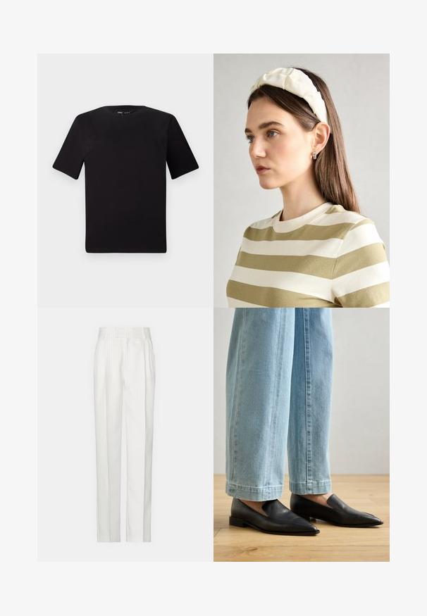 Črna majica s kratkimi rokavi in okroglim izrezom, izdelana iz mehkega bombažnega materiala. Preprost dizajn, brez vidnih logotipov ali vzorcev.; Bela hlače s črtastim vzorcem in ravnim krojem, izdelane iz lahkega materiala. Imajo naborke spredaj in tradicionalen pas.; Črne usnjene čevlje s koničastim nosom in enostavnim obuvanjem, v kombinaciji s svetlo modrimi širokimi hlačami, na lesenem tleh.; Kremna ušesna traka s prepletenim dizajnom, uparjena s bež in belimi črtastimi majicami z okroglim izrezom. Diskretni nakit.