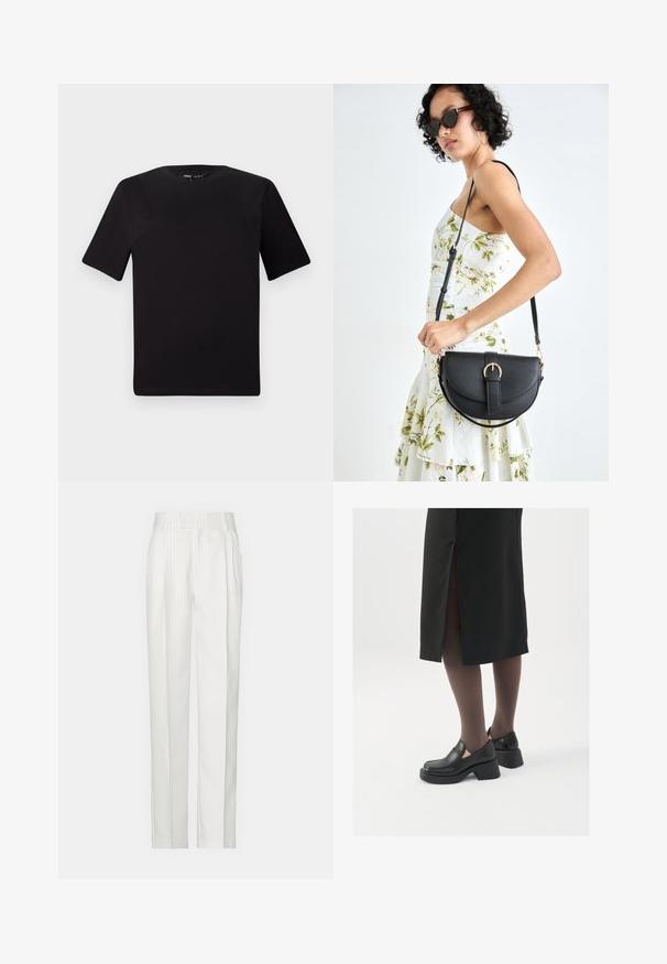 T-shirt preta de mangas curtas com decote redondo, feita de tecido de algodão suave. Design simples, sem logótipos ou padrões visíveis.; Calças brancas com riscas verticais e um design de perna reta, feitas de um tecido leve. Apresentam pregas na frente e uma cintura tradicional.; Sapatos de couro pretos com bico arredondado, salto bloco grosso e detalhes elásticos laterais, combinados com meias escuras e uma saia preta com uma abertura.; Bolsa de couro preta com forma curva, alça destacável e detalhes em dourado. A bolsa possui uma aba com detalhe de fivela.