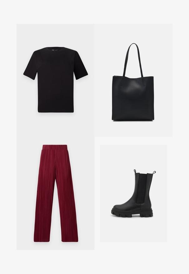 Černé tričko s krátkým rukávem a kulatým výstřihem, vyrobené z měkké bavlněné látky. Jednoduchý design, žádné viditelné logo nebo vzory.; Bordové plisované kalhoty s širokými nohavicemi a elastickým pasem. Texturovaná tkanina s vertikálními pruhy. Rovný střih až k lemu.; Černé chelsea boty vyrobené z kůže a elastického materiálu, s robustní gumovou podrážkou s výrazným vzorkem a s poutky pro snadné obouvání.; Černá kožená taška přes rameno s hladkým povrchem, obdélníkovým tvarem a dvěma dlouhými uchy. Žádné viditelné kování ani ozdoby.