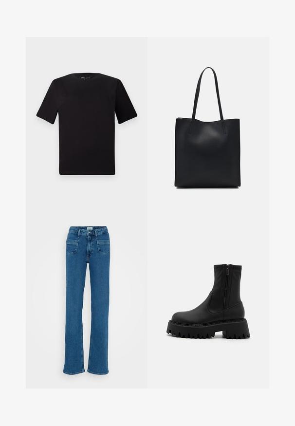 Melnas īsām piedurknēm T-krekls ar apaļu kakla izgriezumu, izgatavots no mīksta kokvilnas auduma. Vienkāršs dizains, bez redzamām logo vai rakstiem.; Gaiši zili flared džinsi ar augstu jostasvietu, divām priekšējām kabatām un vieglu izbalēšanu, ar šuvēm gar šuvēm detaļu pievienošanai.; Melni potīšu zābaki, kas izgatavoti no matēta sintētiska materiāla, ar sānu rāvējslēdzēju, masīvu platformas zoli ar zobsavienojumu un pastiprinātu šuvju detaļām.; Melnas ādas somiņa ar gludu tekstūru, taisnstūra formu un divām garām rokturiem. Nav redzamu aparatūras vai rotājumu.