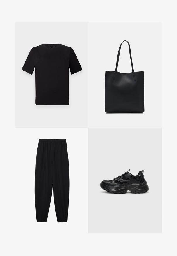Čierne tričko s krátkym rukávom a okrúhlym výstrihom, vyrobené z mäkkej bavlny. Jednoduchý dizajn, bez viditeľných log alebo vzorov.; Čierne, ľahké nohavice s elastickým pásom a zúženými nohavicami. Tkanina je hladká a má voľný, zúžený strih.; Even&Odd Tenisky - black; Čierna kožená taška na rameno s hladkým povrchom, obdĺžnikovým tvarom a dvoma dlhými uchami. Bez viditeľného kovania alebo ozdôb.