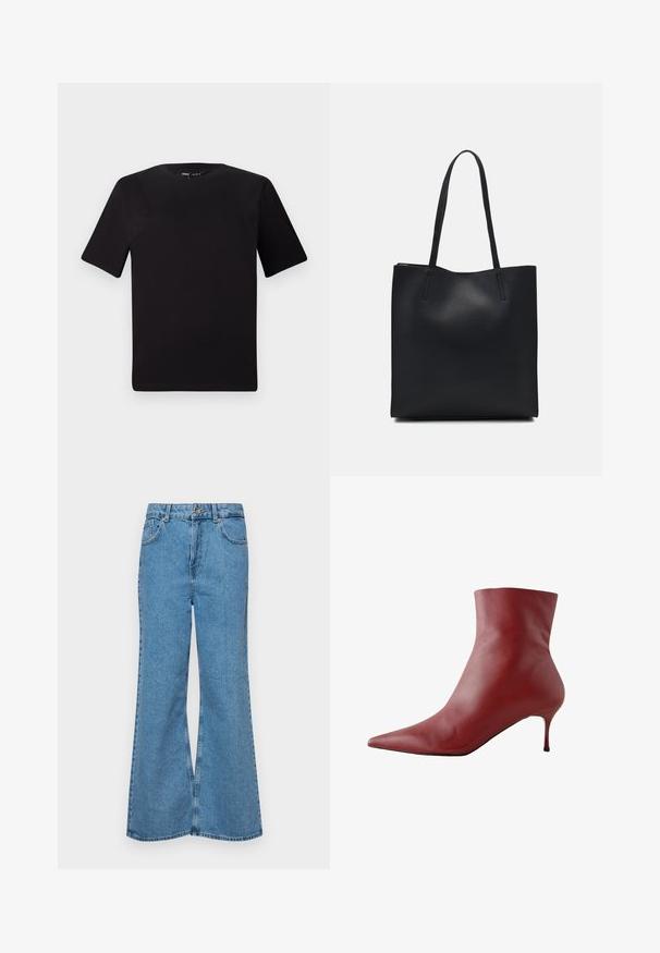 Čierne tričko s krátkym rukávom a okrúhlym výstrihom, vyrobené z mäkkej bavlny. Jednoduchý dizajn, bez viditeľných log alebo vzorov.; Svetlomodré rozšírené džínsy vyrobené z denimu, s vysokým pásom, piatimi vreckami a jednopoložkovým zapínaním na gombík. Mäkká textúra s vyblednutým povrchom.; Červená kožená členková čižma s špicatou špičkou, prispôsobeným vrchom a úzkym podpätkom. Hladký povrch, elegantný dizajn a vysokokontrastná čierna podrážka.; Čierna kožená taška na rameno s hladkým povrchom, obdĺžnikovým tvarom a dvoma dlhými uchami. Bez viditeľného kovania alebo ozdôb.