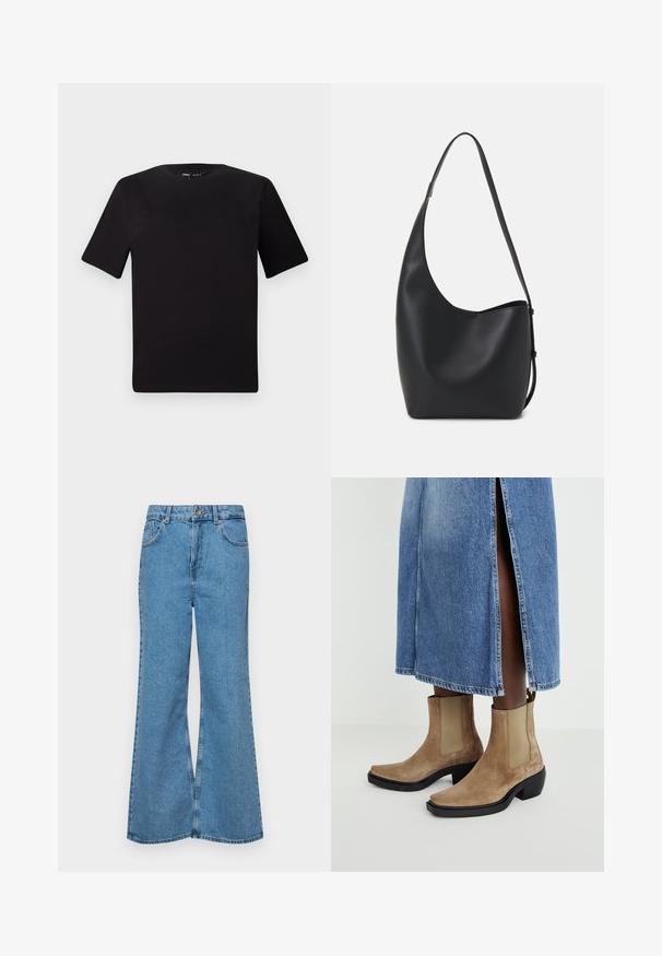 Must olema lühikeste varrukatega must t-särk ümmarguse kaelusega, valmistatud pehmest puuvillast kangast. Lihtne disain, ilma nähtavate logode või mustriteta.; Heledad sinine flared teksade rõivad, millel on kõrge talje, viis taskut ja üks nupulukk. Pehme tekstuur ja pleekinud viimistlus.; Küpsetatud nahast vasika-kõrgused saapad beežides toonides, elastsete külgpanelitega ja musta plokkninakuga. Kantud helesinise teksaseeliku kõrval lõhikuga.; Mustast nahast hobo kott, millel on sile tekstuur, kumer kuju ja üks reguleeritav rihm; peal on lai avaus.; Läikiv beez käevõru, mis on valmistatud siledast vaigust. Ümar kuju, ühtlane pind ja väike kullast logo siseküljel.