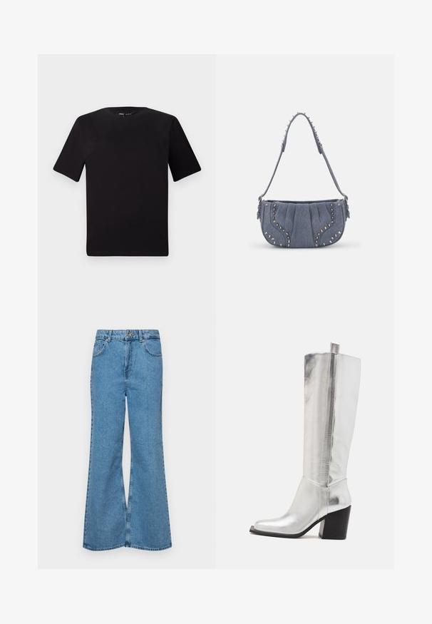 Fekete, rövid ujjú póló, kerek nyakkal, puha pamutból készült. Egyszerű dizájn, nincs látható logó vagy minta.; Világoskék, trapézszárú farmernadrág, magas derékkal, öt zsebbel és egy gombos záródással. Puha tapintású, magasított effektusú anyag.; Térd fölé érő ezüst bőrcipők négyszögletes orral, fényes fémes felületűek, és masszív fekete blokksarkúak.; Kék színű farmer válltáska plisszált dizájnnal, ezüst szegecsek a szélek mentén, texturált pánttal.