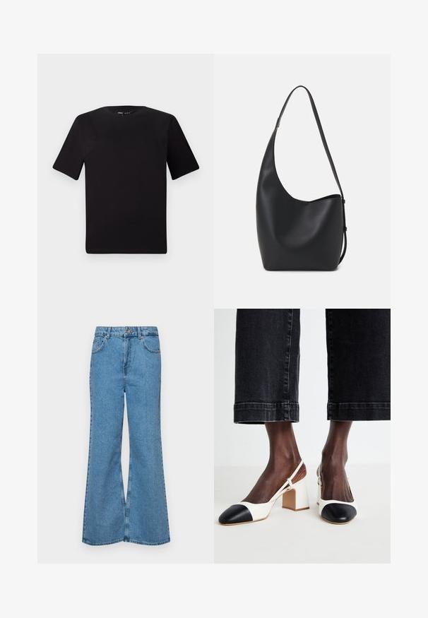 Čierne tričko s krátkym rukávom a okrúhlym výstrihom, vyrobené z mäkkej bavlny. Jednoduchý dizajn, bez viditeľných log alebo vzorov.; Svetlomodré rozšírené džínsy vyrobené z denimu, s vysokým pásom, piatimi vreckami a jednopoložkovým zapínaním na gombík. Mäkká textúra s vyblednutým povrchom.; Biele a čierne slingback topánky na blokovom podpätku s špicatou špičkou, hladkým koženým materiálom a kontrastným farebným detailom na špičke.; Čierna kožená hobo taška so hladkou textúrou, zakriveným tvarom a jedným nastaviteľným popruhom; má široké otvorenie na vrchu.