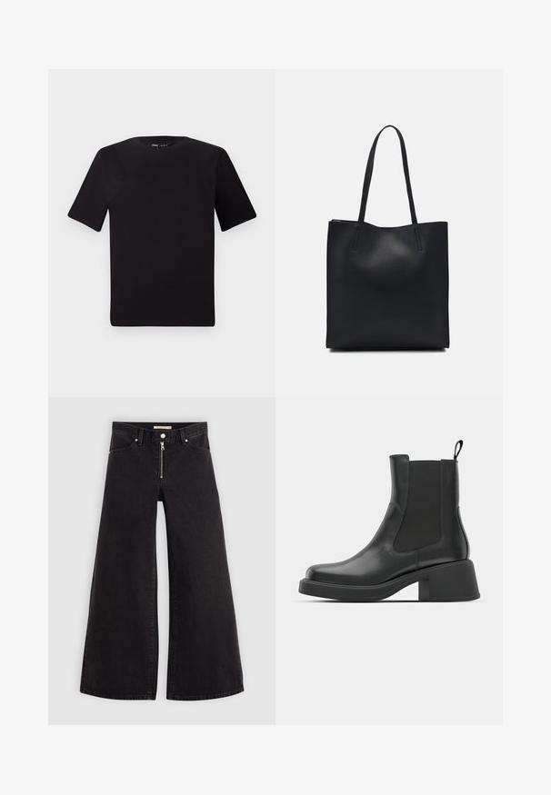 Czarna koszulka z krótkim rękawem o okrągłym dekolcie, wykonana z miękkiej bawełny. Prosty design, bez widocznych logo ani wzorów.; Jeans o szerokich nogawkach w czarnym denienie z zamkiem błyskawicznym z przodu, pięcioma kieszeniami i subtelnymi detalami przeszycia. Gładka tekstura i swobodny styl.; Czarne skórzane botki na kostkę z elastycznymi panelami bocznymi, okrągłym noskiem i grubym słupkowym obcasem. Gładka faktura z minimalistycznym wzornictwem.; Czarna skórzana torba tote o gładkiej fakturze, prostokątnym kształcie i dwóch długich uchwytach. Brak widocznych elementów metalowych i ozdób.