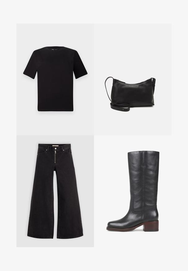 Must olema lühikeste varrukatega must t-särk ümmarguse kaelusega, valmistatud pehmest puuvillast kangast. Lihtne disain, ilma nähtavate logode või mustriteta.; Laiad teksad mustast denimist, millel on lukuga eesmine osa, viie taskuga disain ja peened õmblusdetailid. Sile tekstuur ja juhuslik stiil.; Mustmust muste, mille must nahkne, pehme tekstuuriga, ruudukujuline varvas ja laotud puidust konts. Omab peenet kinnitust ja külgõmbluse disaini.; Mustmust nahk õlakotil on sile tekstuur, kumer kuju, reguleeritav rihm ja lukuga sulgemine. Minimalistlik disain ilma kaunistusteta.