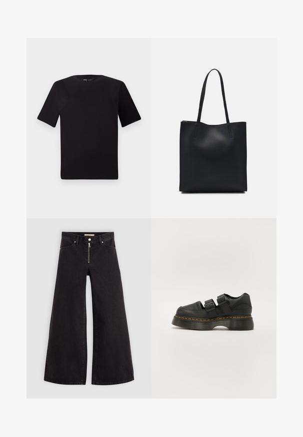 T-shirt preta de mangas curtas com decote redondo, feita de tecido de algodão suave. Design simples, sem logótipos ou padrões visíveis.; Calças de ganga de perna larga em denim preto com fecho éclair à frente, design de cinco bolsos e detalhes de costura subtil. Textura suave e estilo casual.; Shoe de couro preto com duas correias ajustáveis com fivela, sola texturizada elevada e costura laranja visível ao longo da entressola.; Bolsa tote preta em couro com textura lisa, forma retangular e duas alças longas. Sem hardware ou enfeites visíveis.