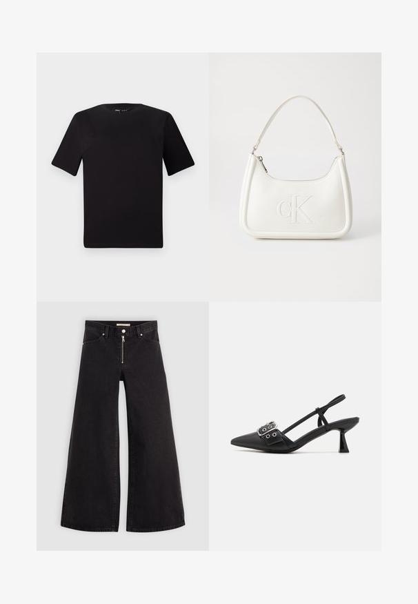 Black short-sleeve t-shirt with a round neckline, crafted from soft cotton fabric. Simple design, no visible logos or patterns.; Wide-leg jeans in black denim with a zippered front, five-pocket design, and subtle stitching details. Smooth texture and casual style.; Simmi London DALA - Classic heels - black; White leather handbag with a curved shape, featuring an embossed "CK" logo on the front and a single shoulder strap. Zipper closure at top.